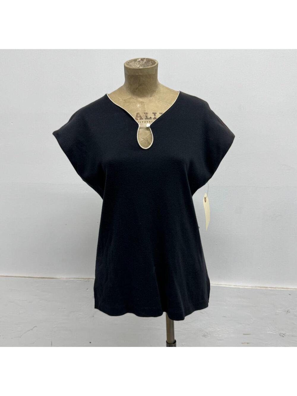 Vintage 1970s It's Pure Gould Black Contrast-Trim Keyhole Cap-Sleeve Top